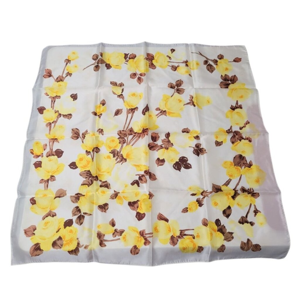 Square Scarf Japan Acetate Floral Yellow Roses Womens Soft Vintage USA 24 Inch